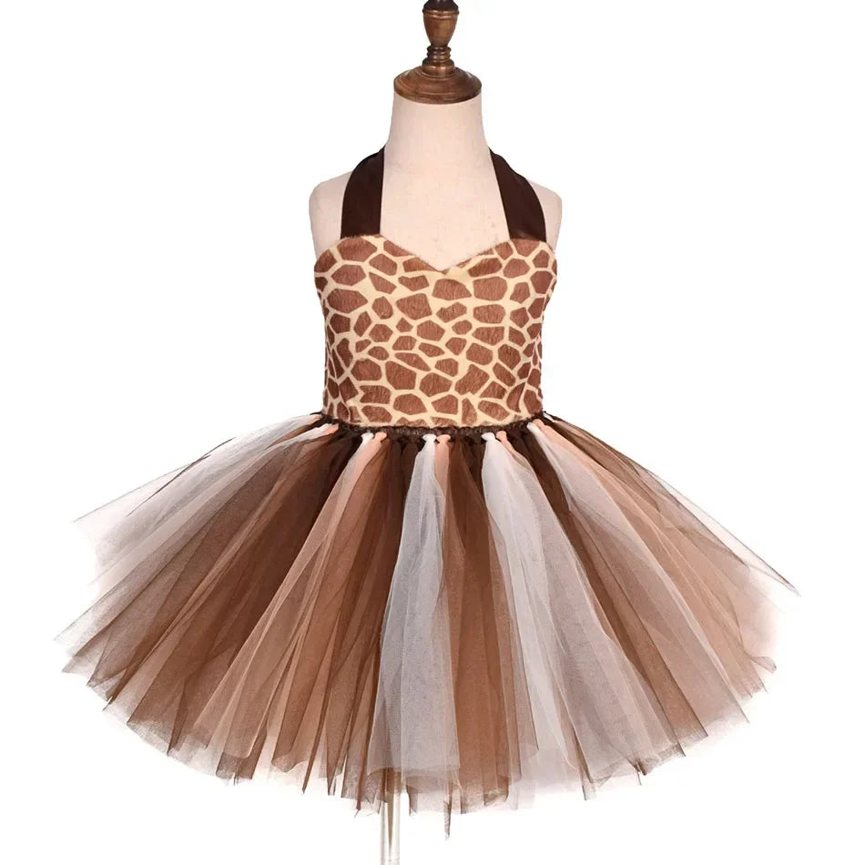 Girls’ Animal Print Tutu Costume Dress – Forest Theme Halloween Cosplay & Dance Performance Set for Kids