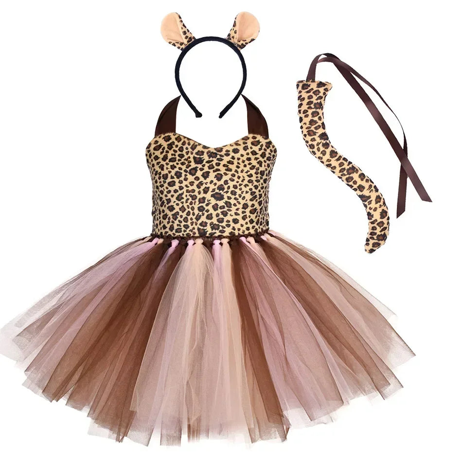 Girls’ Animal Print Tutu Costume Dress – Forest Theme Halloween Cosplay & Dance Performance Set for Kids