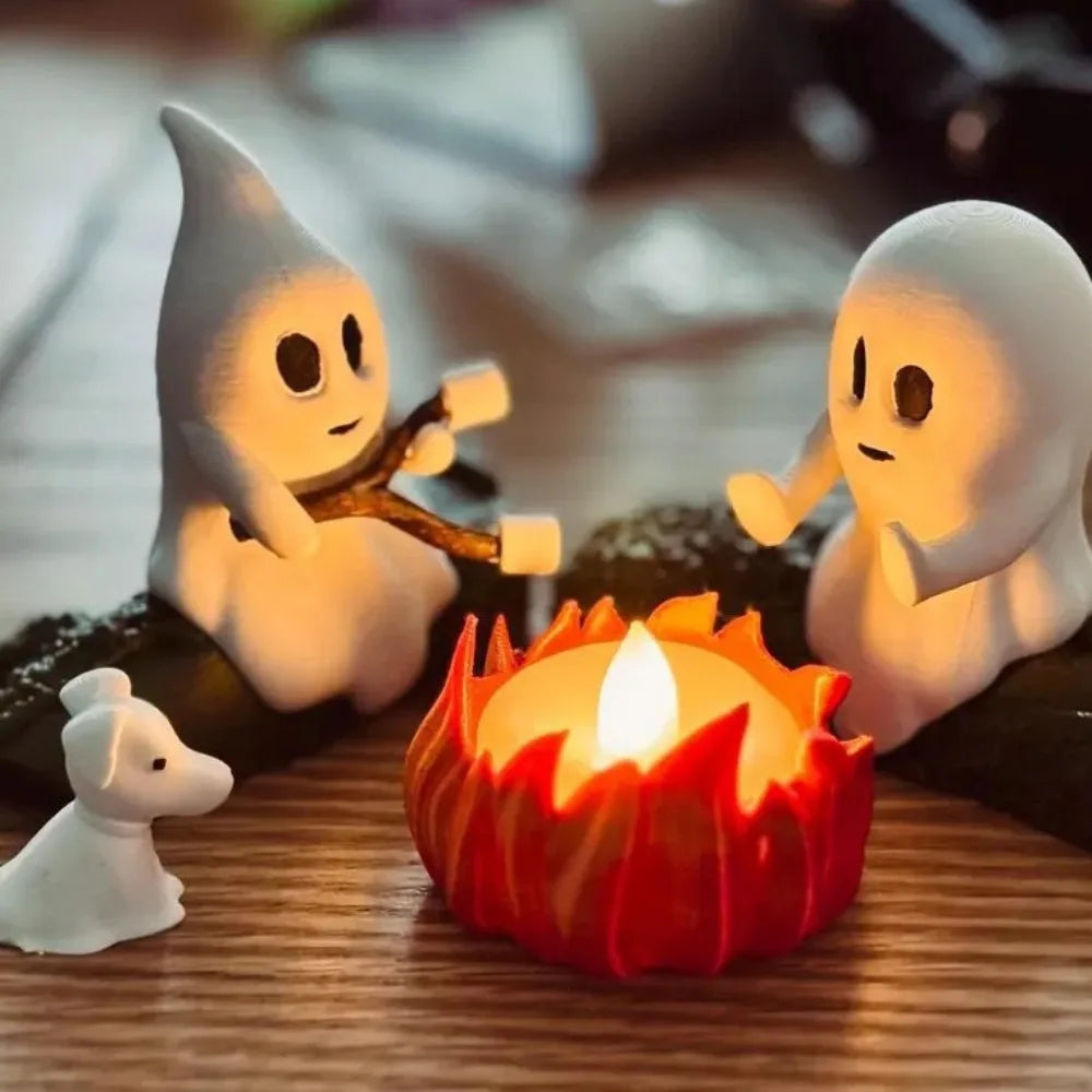 Halloween Ghost Campfire Scene Decor Set – Spooky Outdoor & Indoor Haunted House Props with Dog & Cat Ghost Figures