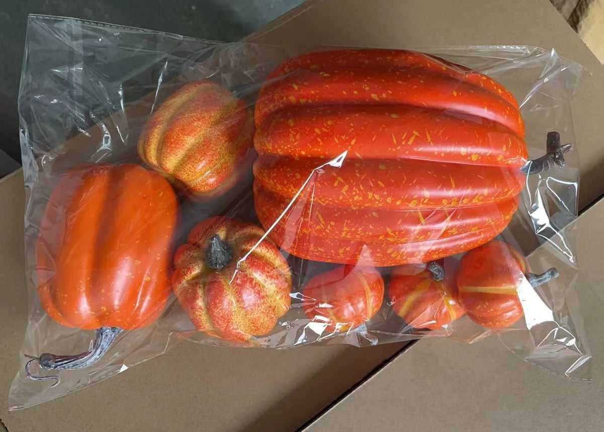 7pcs Artificial Foam Pumpkin Set – Fake Orange Pumpkins for Halloween, Harvest & Fall Table Decor