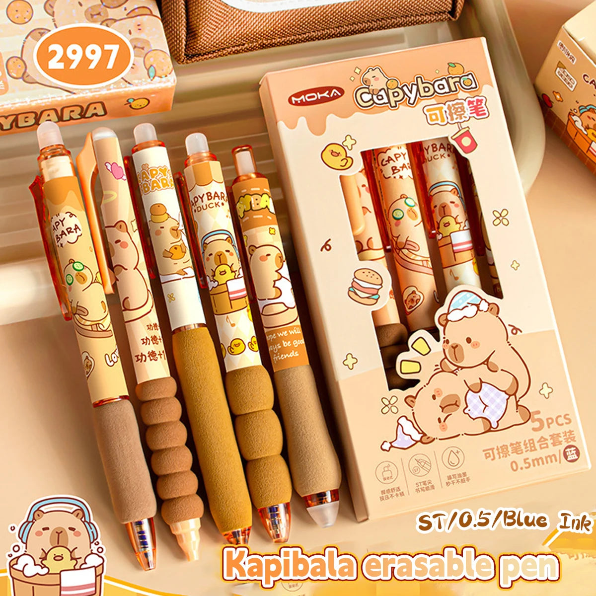 Capybara Erasable Refillable Gel Pens – Smudge-Free 0.5mm Cute Animal Stationery for Students & Office (5- or 6-Pack)