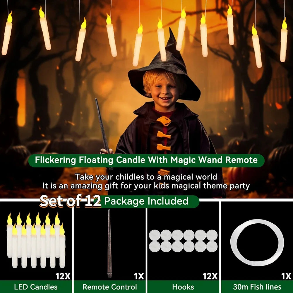 LED Floating Candles with Magic Wand Remote – Flameless Hanging Taper Candles for Halloween, Parties & Home Decor