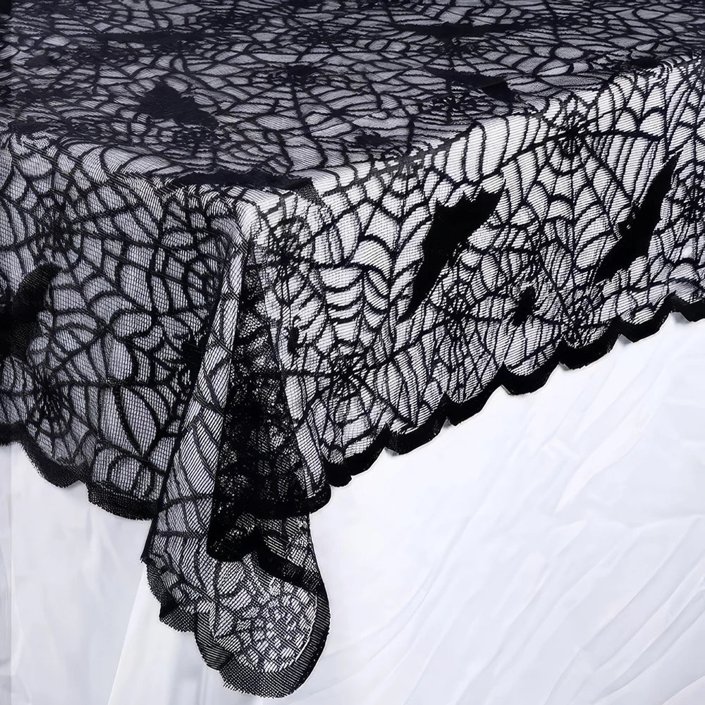 Halloween Lace Tablecloth – Bat & Skull Net Pattern for Party & Haunted House Decor