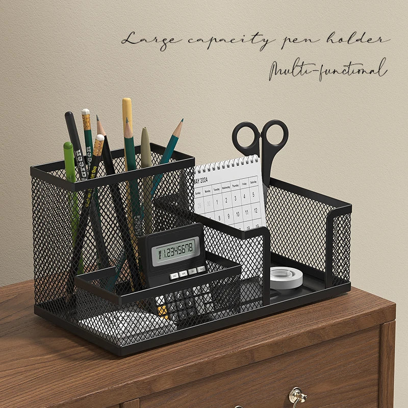 Black Mesh Desk Organiser – 3-Compartment Metal Caddy with Pencil Holder & Storage Baskets for Desktop Organisation (Single o