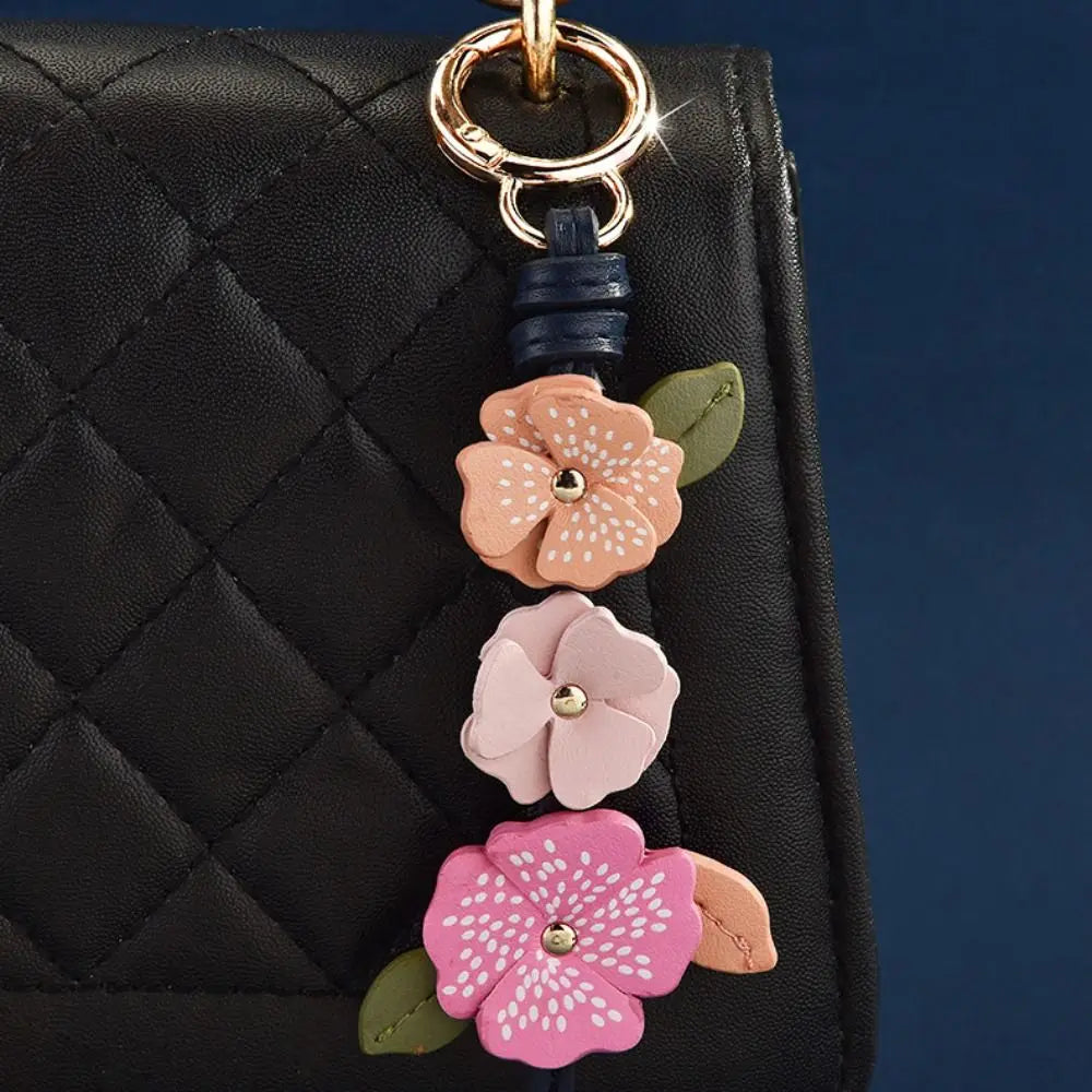 Handmade PU Leather Flower Bag Pendant & Keychain – Lotus Charm for Women