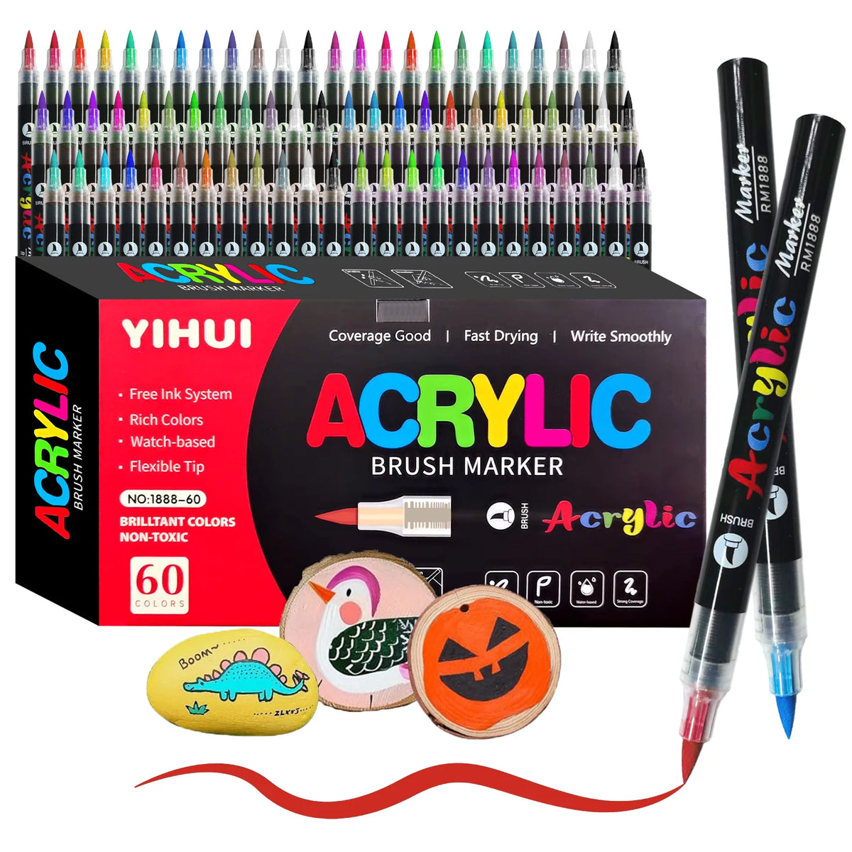 Brush Tip Acrylic Paint Markers – Flexible Paint Pens for Rock, Wood, Stone & Glass DIY Crafts (12, 24, 36, 48 or 60 Colours)