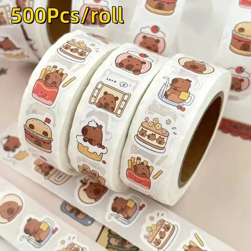 500pcs Capybara Sticker Roll – Waterproof PVC Self-Adhesive Decals in Cute Animal & Food Designs for Laptops, Phones, Scrapbo