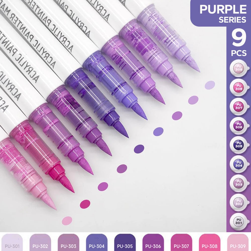 Acrylic Brush Marker Set – 9-Colour Pro Palette Series with Automatic Ink Control for Illustration & Fine Art (9 Series Available)