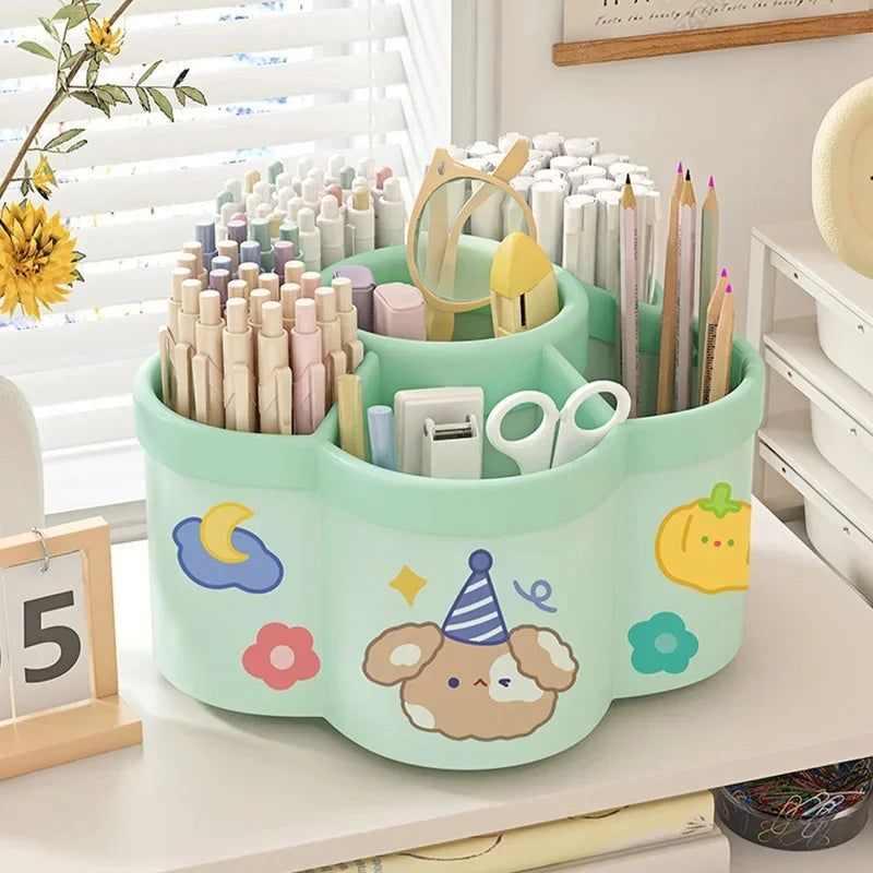 Rotating Desk Organiser – Large Pen & Makeup Brush Holder for Office, Dorm & Vanity in Cherry Pink or White (Japan Style)