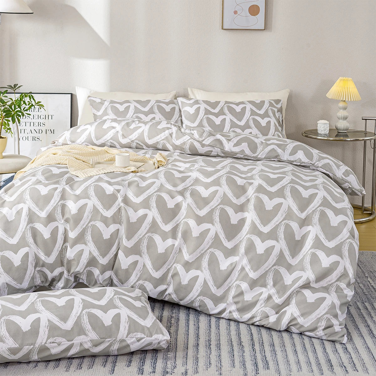 3pcs/set Heart Print Duvet Cover Set - Blue & Gray(1 Duvet Cover & 2 Pillowcase?Soft And Skin-Friendly Duvet Cover Bedding Se