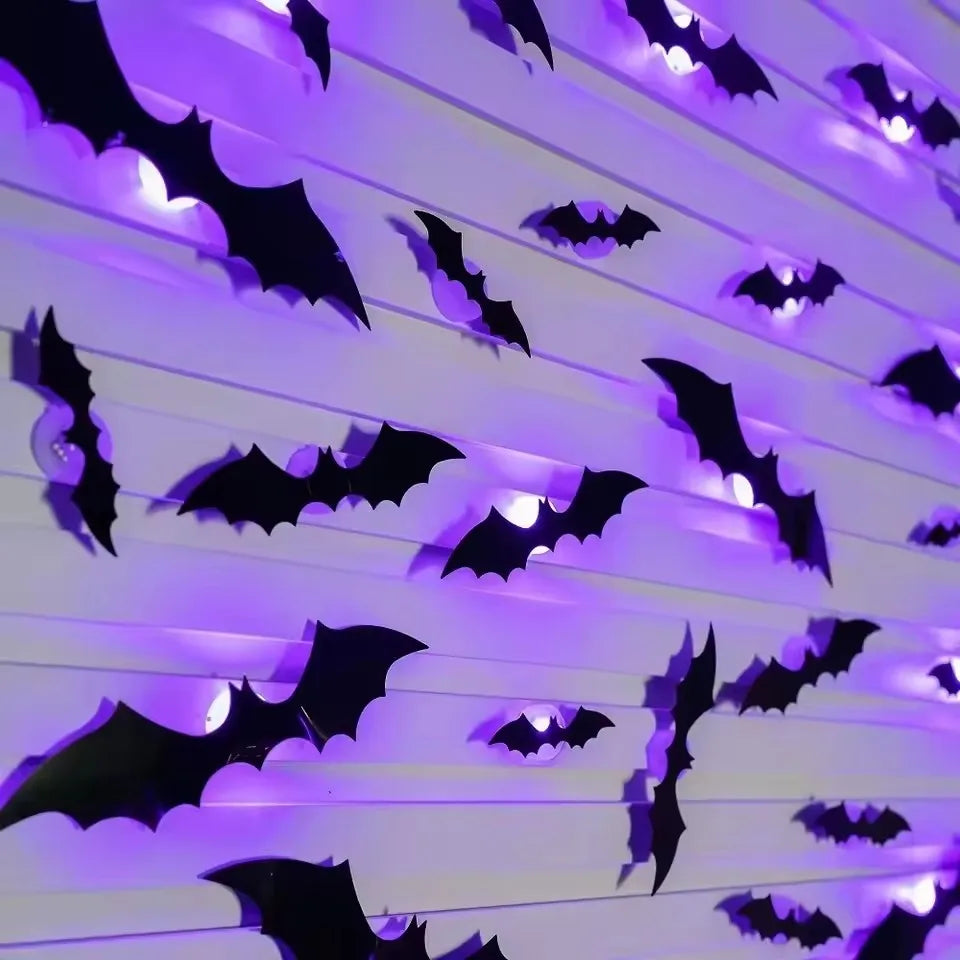 3D LED Bat Wall Decal Night Lights – 12 or 24pc Stereoscopic Bat Stickers for Halloween Party & Festival Decoration