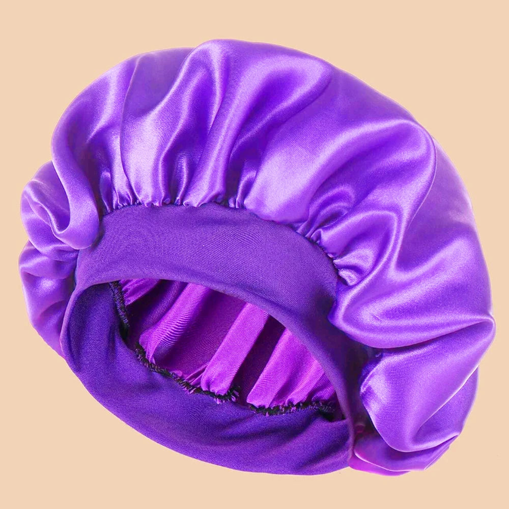 Satin Wide-Brim Shower & Sleep Cap for Women - Solid Color Silk Bonnet for Daily Hair Care