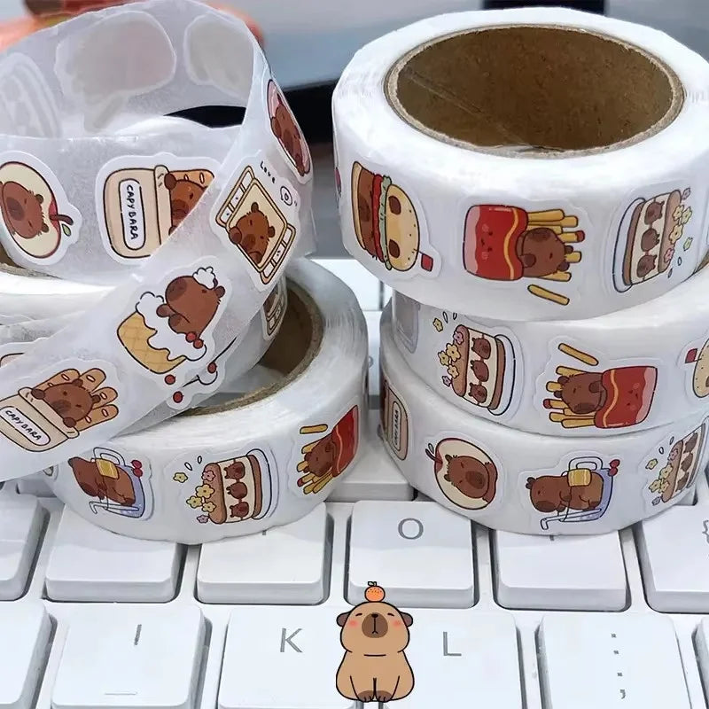 500pcs Capybara Sticker Roll – Waterproof PVC Self-Adhesive Decals in Cute Animal & Food Designs for Laptops, Phones, Scrapbo