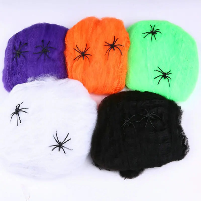 Stretchy Spider Web Halloween Decoration with Mini Spiders – Scary Party Prop