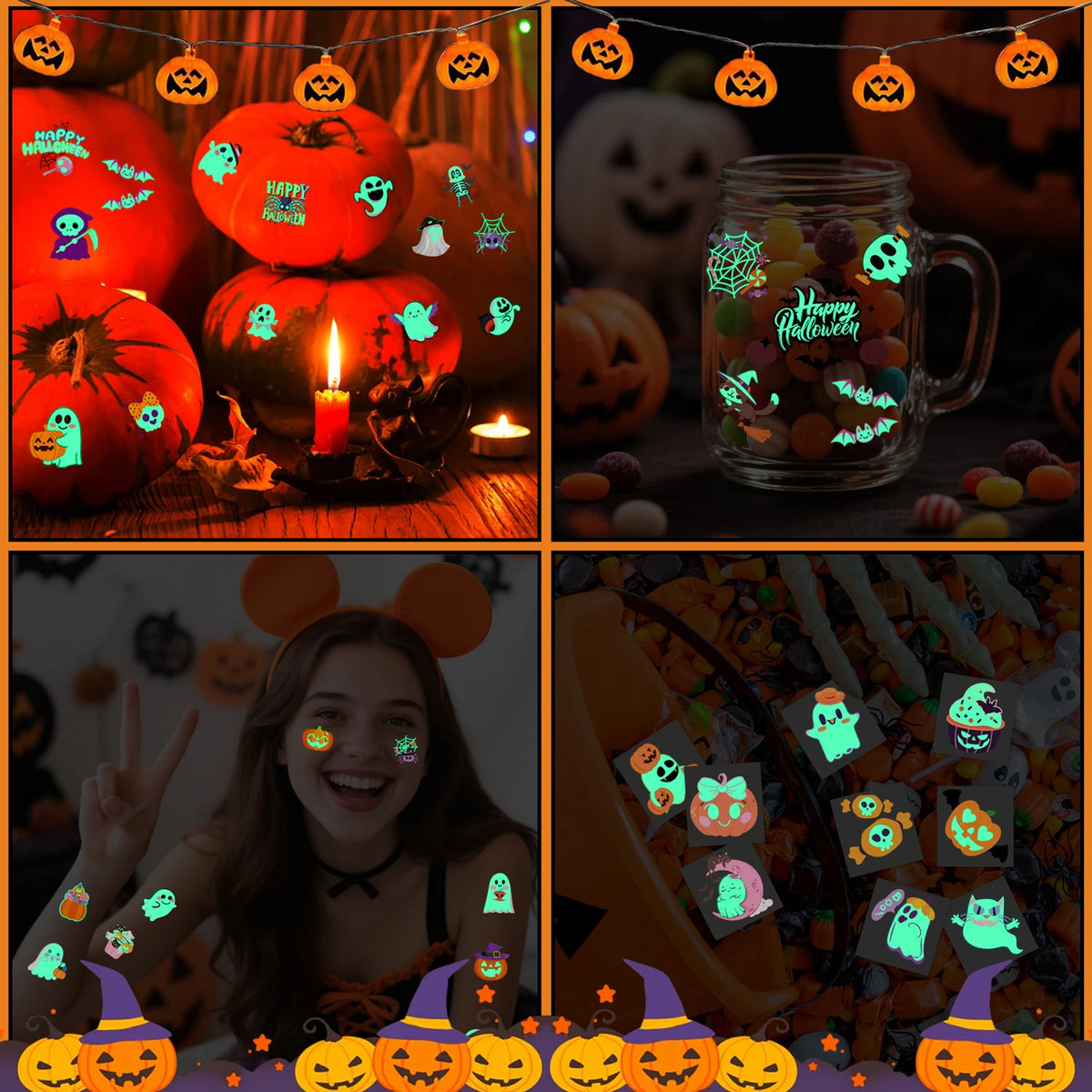 Glow-in-the-Dark Halloween Temporary Tattoos – 36 Sheets with Mixed Spooky Patterns for Party Decor & Gifts