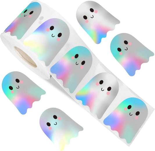 500pcs Halloween Ghost Laser Sticker Roll – Shiny Self-Adhesive Waterproof Decals for Party Favors, Envelopes & Crafts