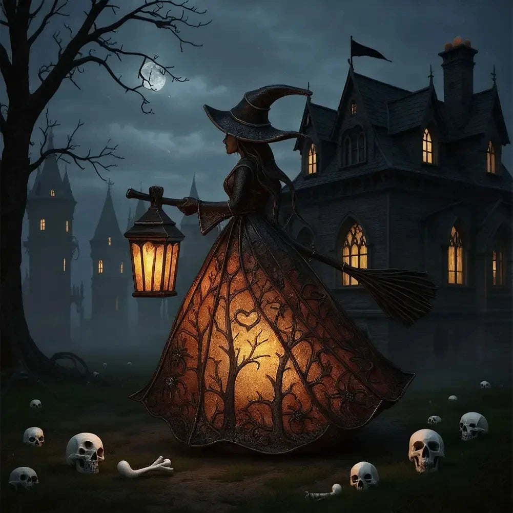 Halloween Witch Lantern LED Night Light – Gothic Resin Statue with Broom for Spooky Home Decor