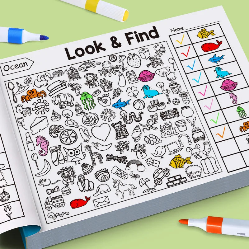 Children’s Search & Find Activity Book – Visual Perception, Colouring, Focus & Handwriting Exercises for Kids (32 Pages)