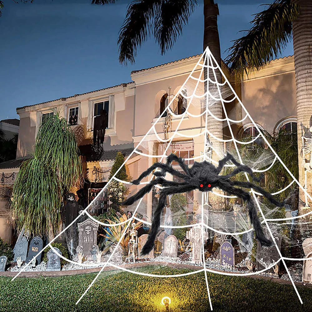 Halloween 5m Giant Plush Triangle Spider Web Decoration – Indoor & Outdoor Haunted Yard Prop (Black or White)