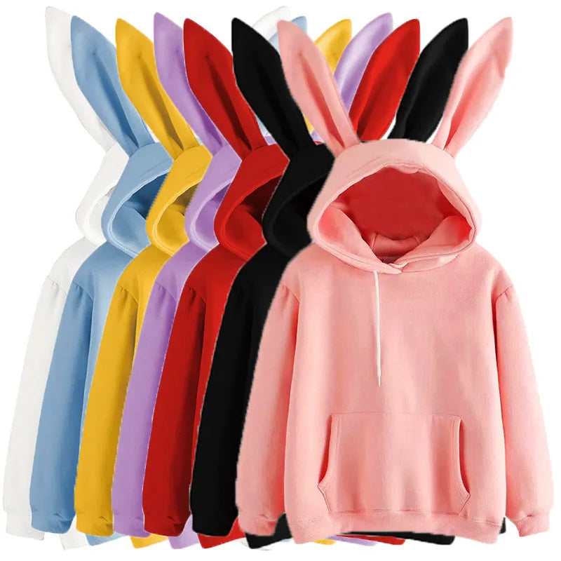 2025 autumn and winter new women's clothing Harajuku Wei hooded rabbit hoodie solid color loose casual women's top women's co