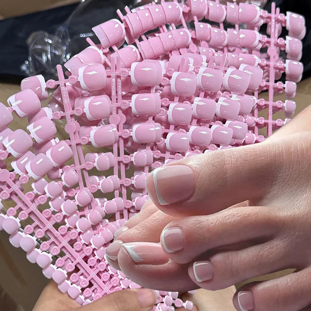 Press-On Toenails – 120pcs Short Square French Pink Soft Gel False Toe Nail Tips