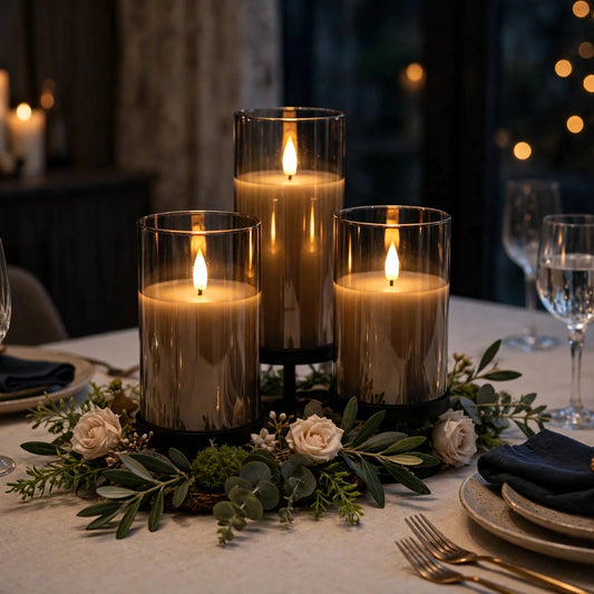 Flameless LED Candle Set with Remote and Timer glowing on a styled dining table