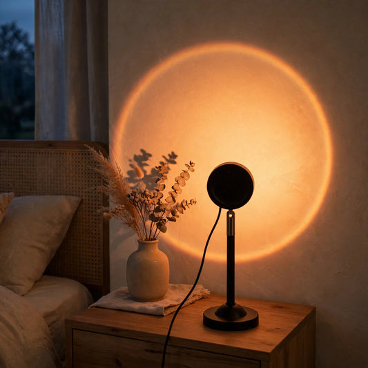 Sunset Glow Projection Lamp in a stylish bedroom at dusk