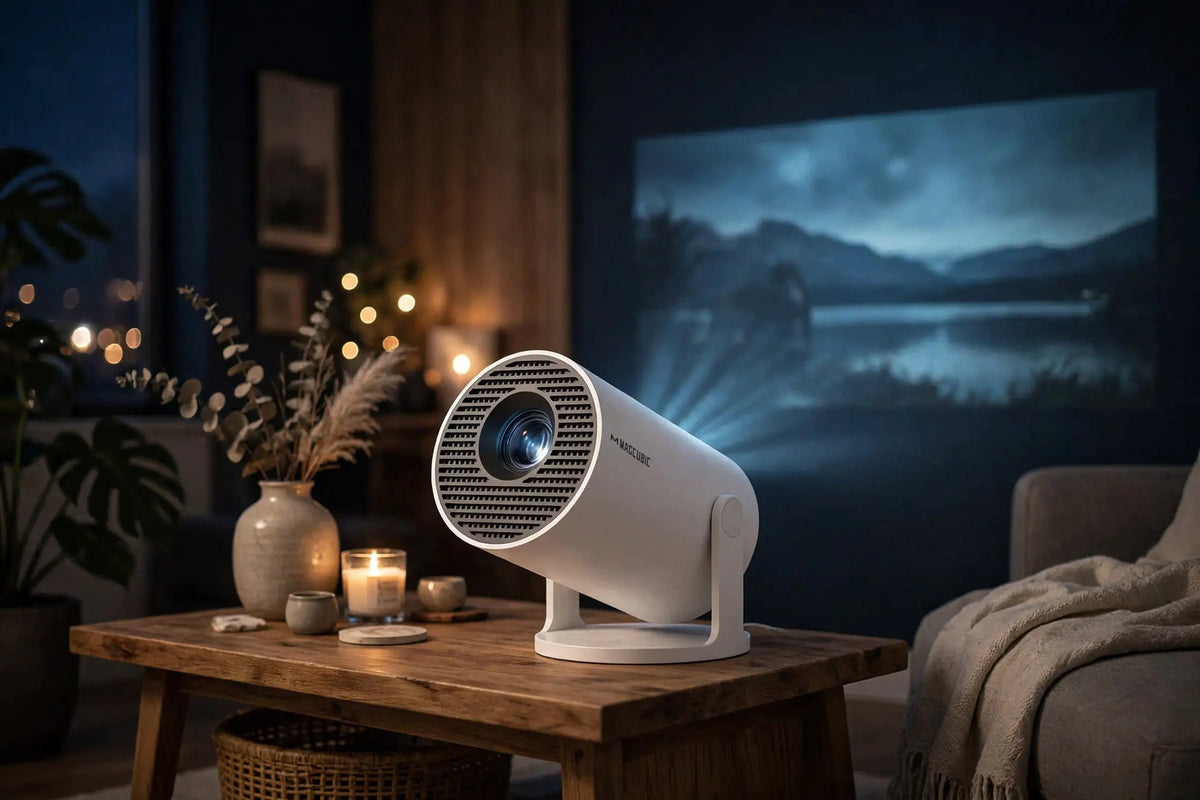 Magcubic HY300 Pro Mini Projector in a cozy living room