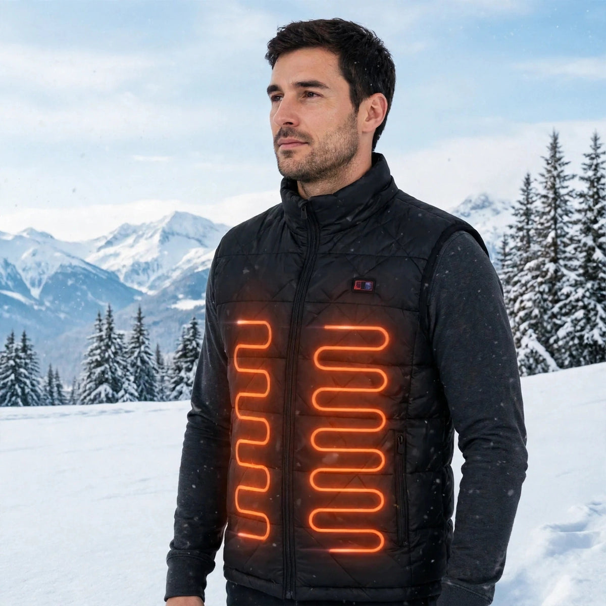 CozyHeat USB Heated Vest worn outdoors in snowy mountains