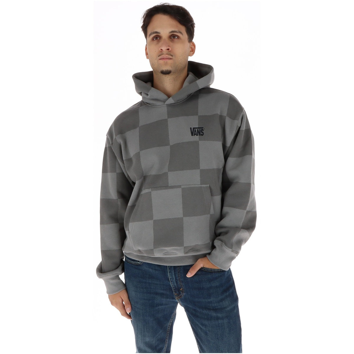 Vans Men's Grey Checked Hoodie Sweatshirt – Front Pockets, 96% Cotton