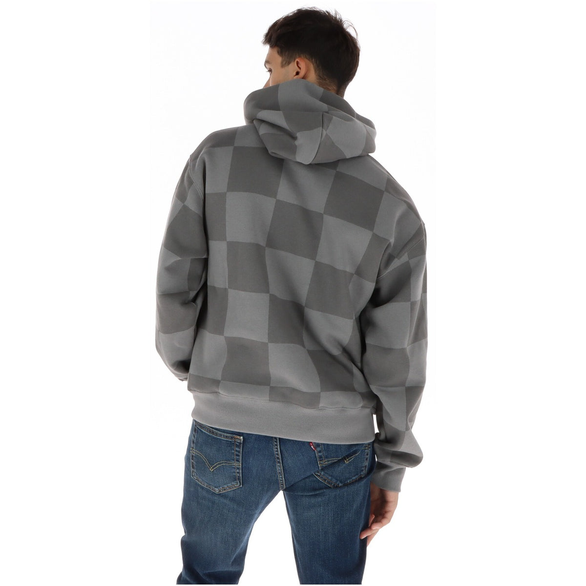 Vans Men's Grey Checked Hoodie Sweatshirt – Front Pockets, 96% Cotton