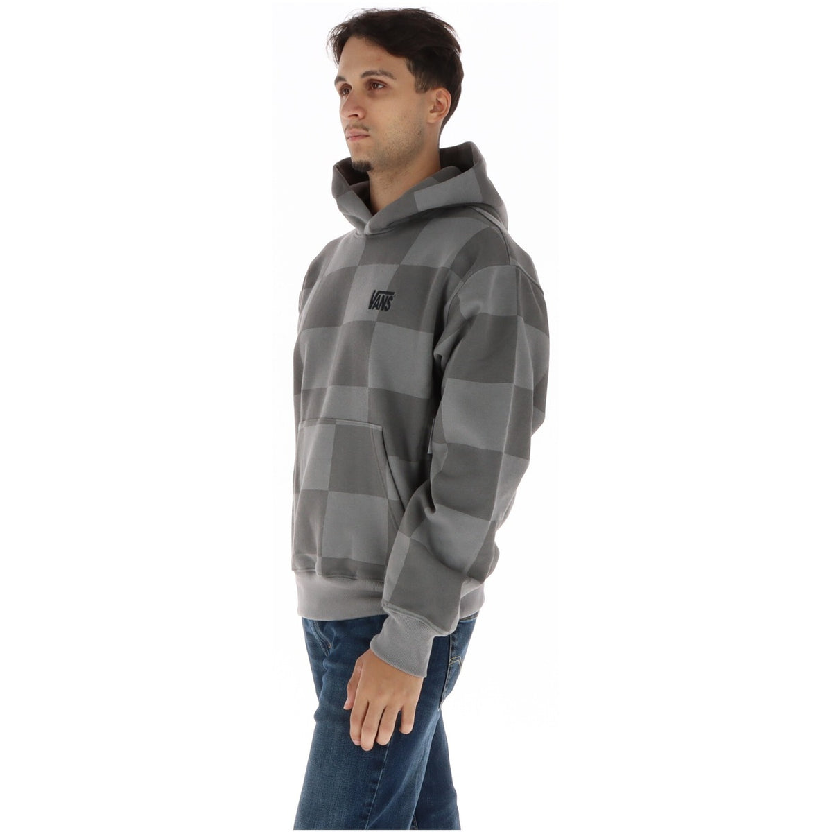 Vans Men's Grey Checked Hoodie Sweatshirt – Front Pockets, 96% Cotton